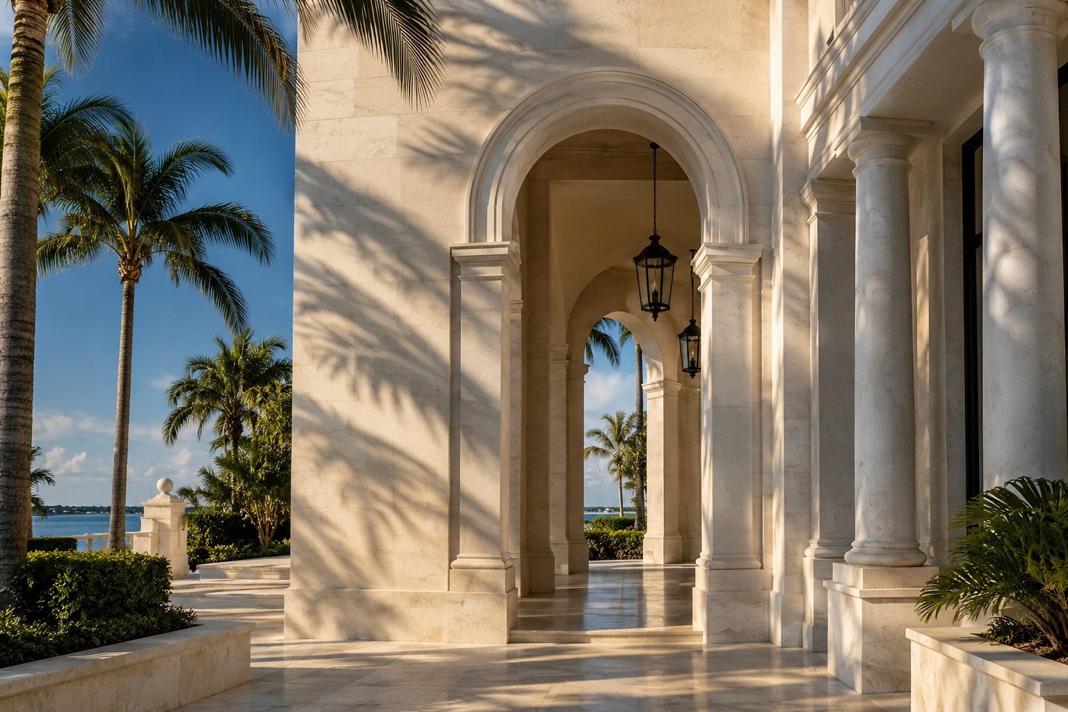 Sunlight and palm shadows across a quiet coastal colonnade
